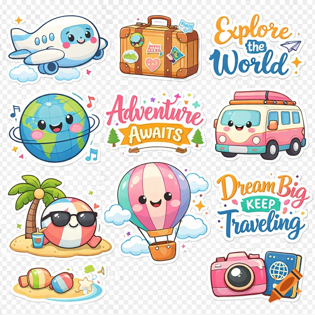Nine cute kawaii-style travel stickers on a transparent background, featuring an airplane, globe, suitcase, van, hot air balloon, and camera with travel-themed motivational text.