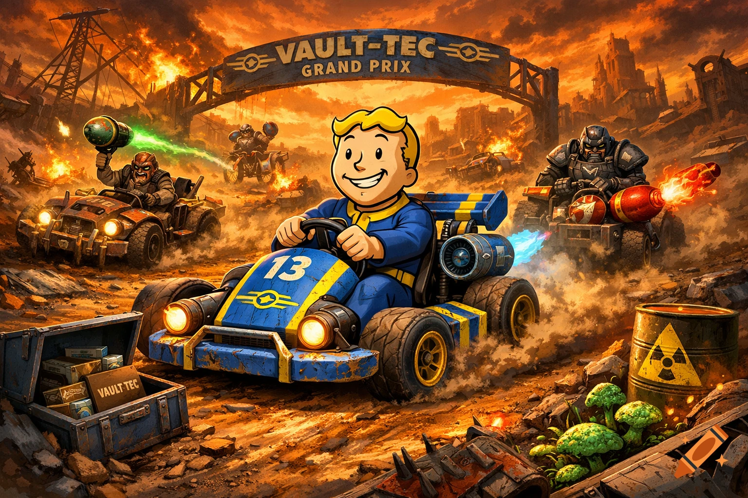 Vault Boy races his kart, followed by other Fallout characters, through a fiery, post-apocalyptic wasteland under a Vault-Tec Grand Prix arch.
