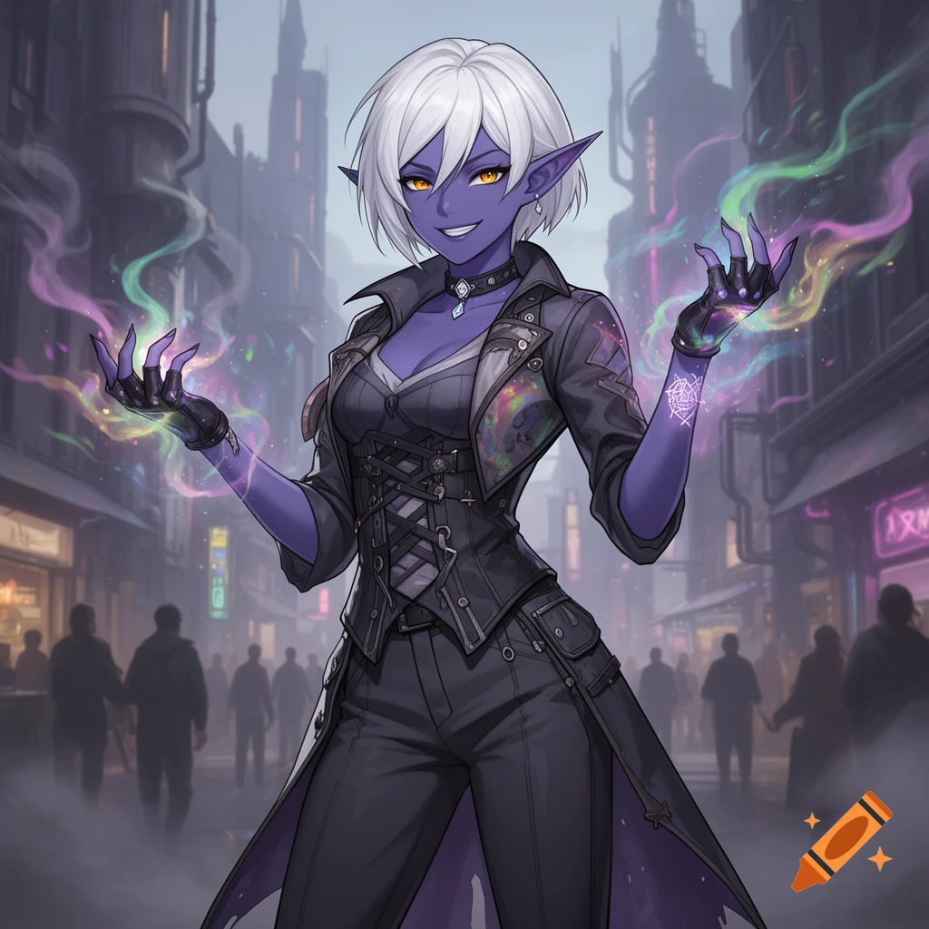 An anime-style female Drow elf with white hair, indigo skin, and amber eyes, smirking and casting prismatic magic on a fantasy urban street.