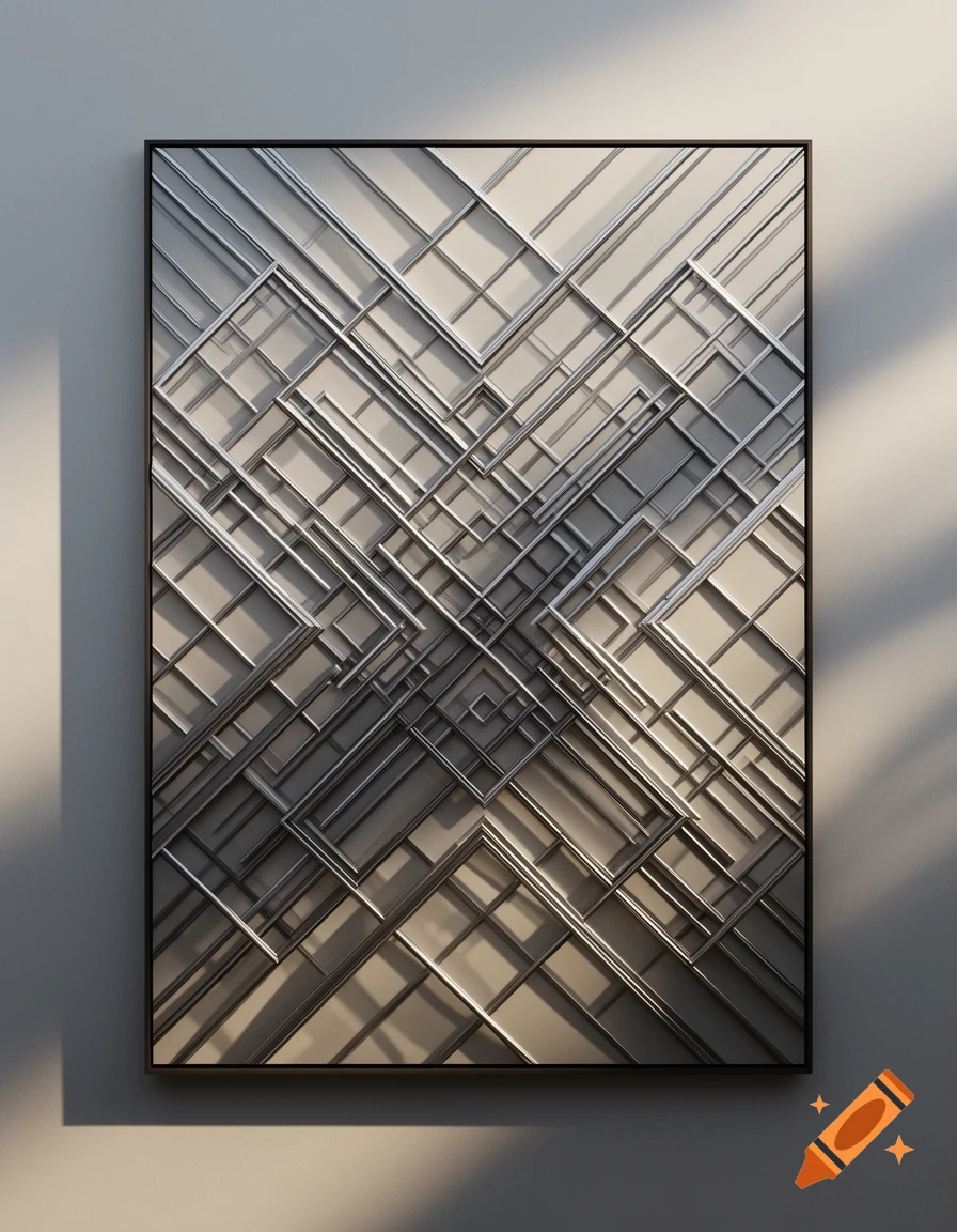 Abstract geometric wall art with overlapping silver rectangular frames creating a complex, layered pattern on a light grey wall with shadows.