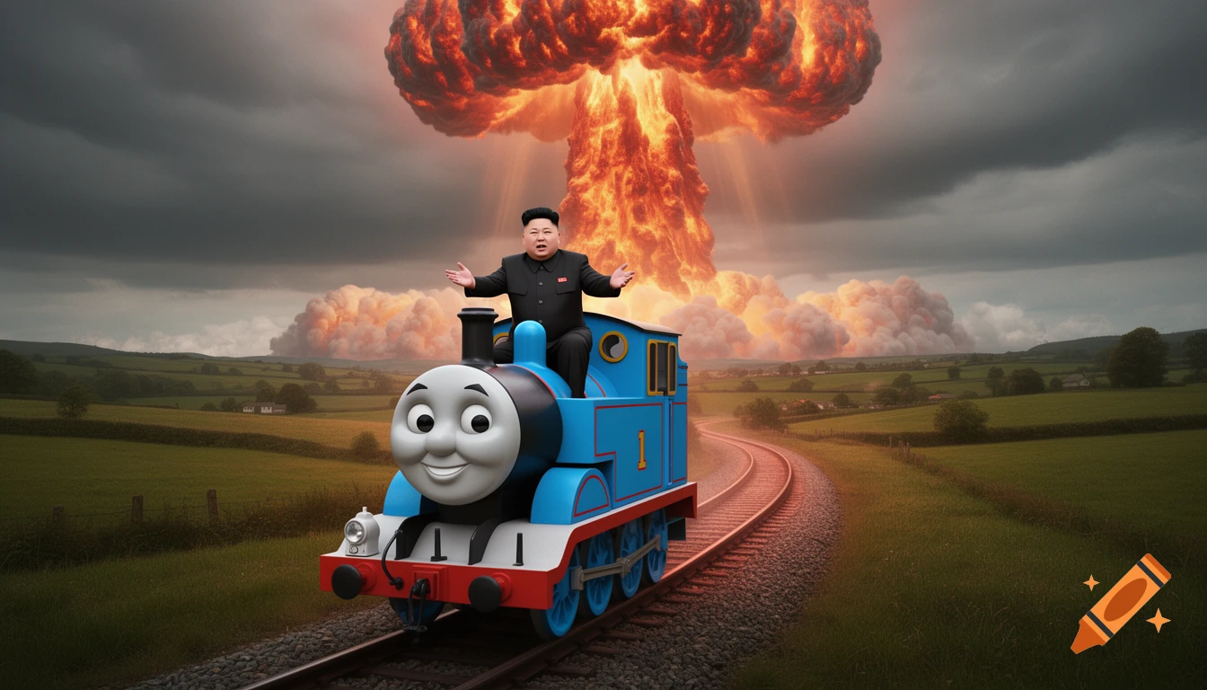 Kim Jong-un sits atop Thomas the Tank Engine on train tracks in a green landscape, with a large nuclear explosion mushroom cloud in the stormy sky behind them.