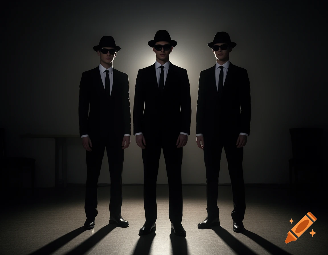 Three men in black suits, fedoras, and dark sunglasses stand silhouetted against a bright backlight in a dim room.