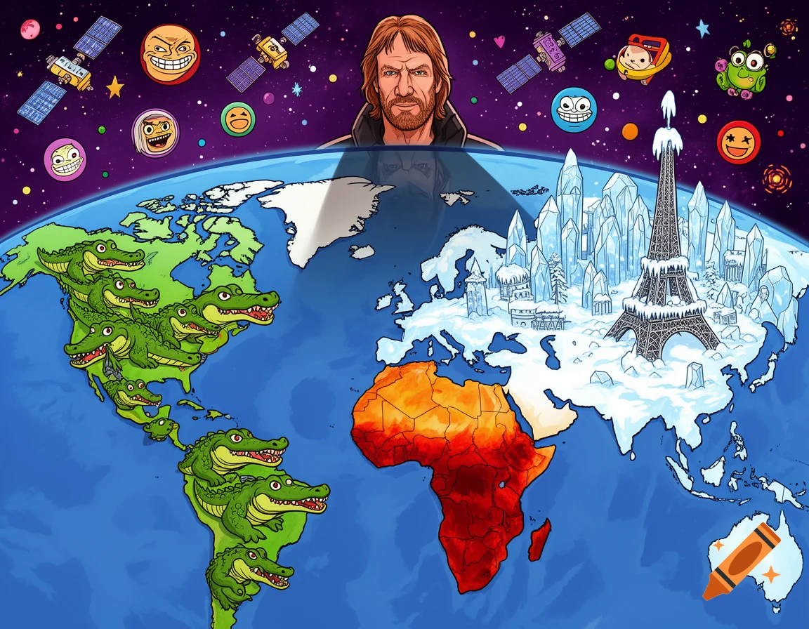 A colorful cartoon world map showing gators on the Americas, a frozen Europe with the Eiffel Tower, a scorched Africa, and Chuck Norris in space with satellites and memes.