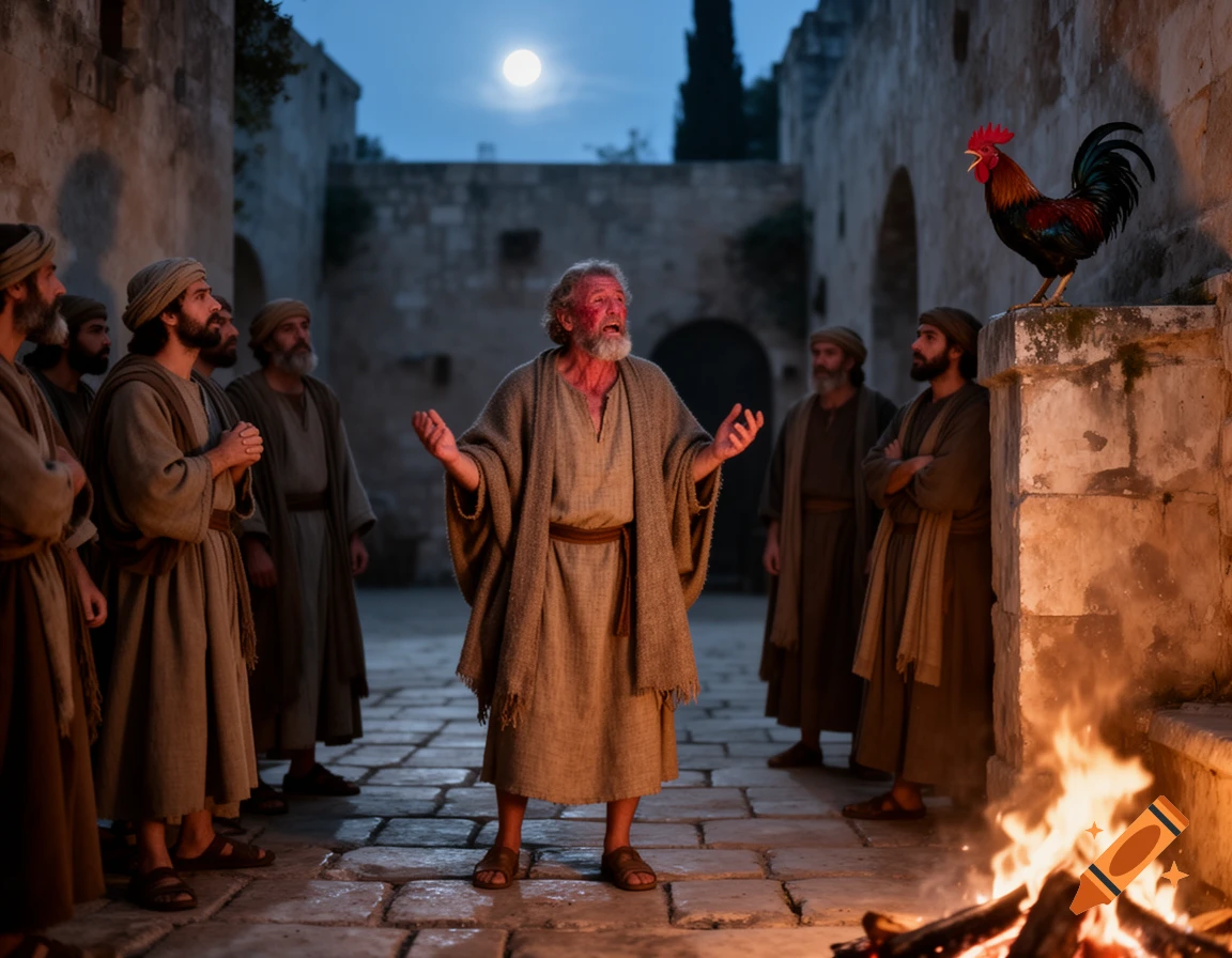 Photorealistic image of an old man in ancient robes with outstretched hands, surrounded by other men in a courtyard at night, with a rooster crowing and a bonfire.