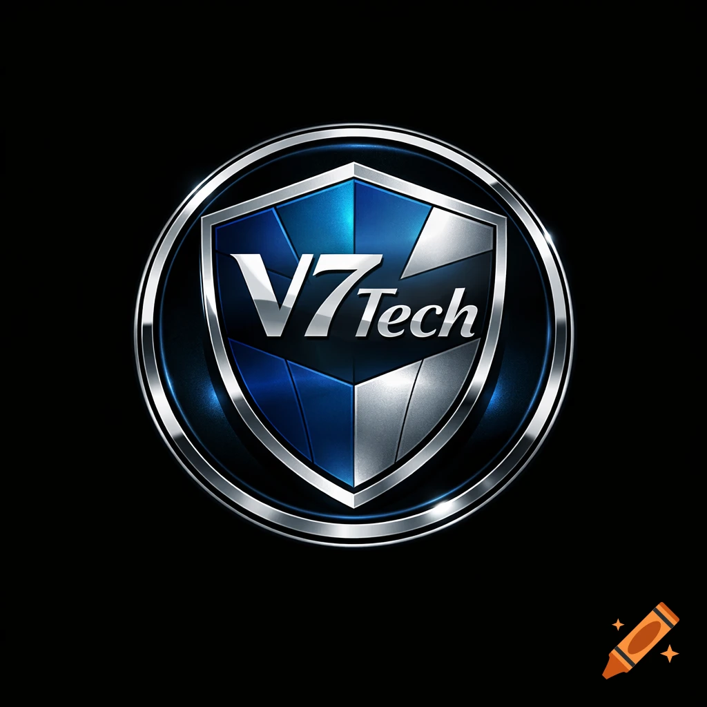 A shiny blue and silver shield logo with the text 'V7 Tech' in a circular frame on a black background.