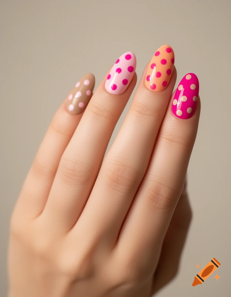 Close-up of a hand with five nails, each painted with a different polka dot design in shades of pink, orange, and beige.