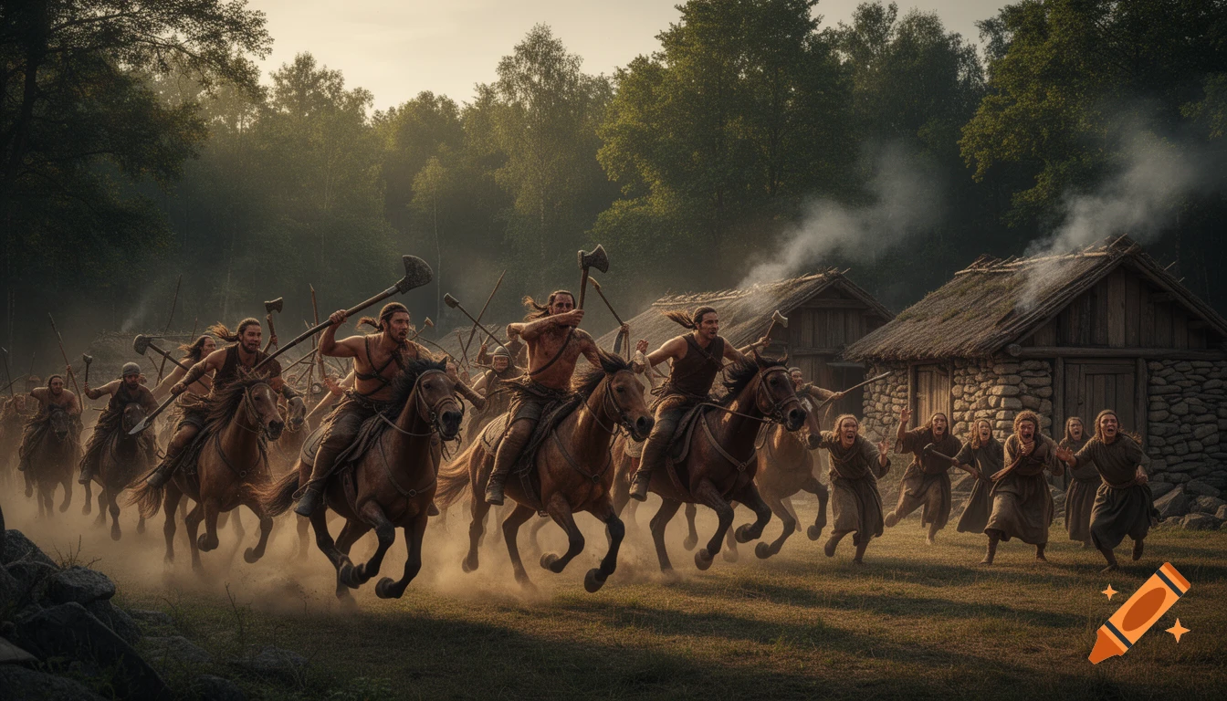 A group of ancient warriors on horseback, armed with axes, raid a village at dawn, kicking up dust as villagers flee.