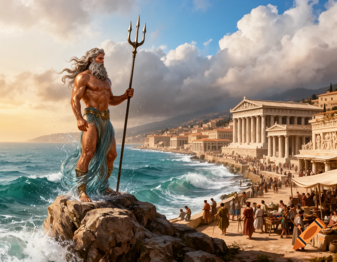Poseidon stands on a rock with a trident overlooking an ancient coastal city with temples, a marketplace, and ocean waves at sunset.