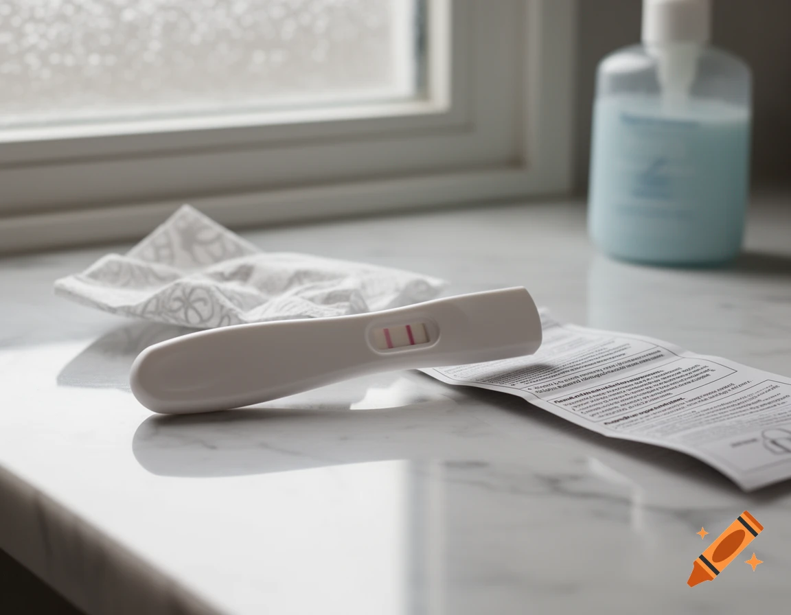 A positive pregnancy test with two pink lines lies on a white marble counter next to instructions, a tissue, and a soap bottle, by a window.