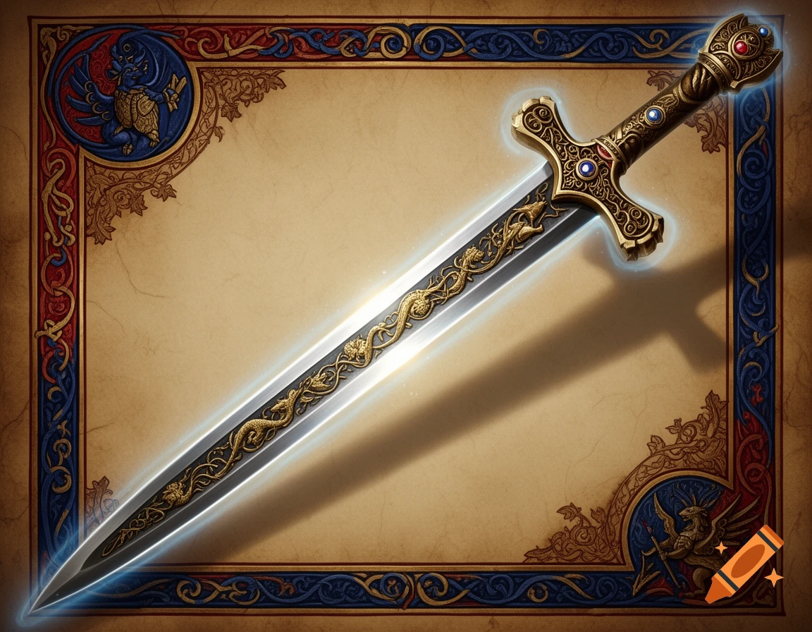 A glowing, ornate long sword with dragon engravings and jeweled hilt, on a parchment background with medieval illuminated manuscript borders.