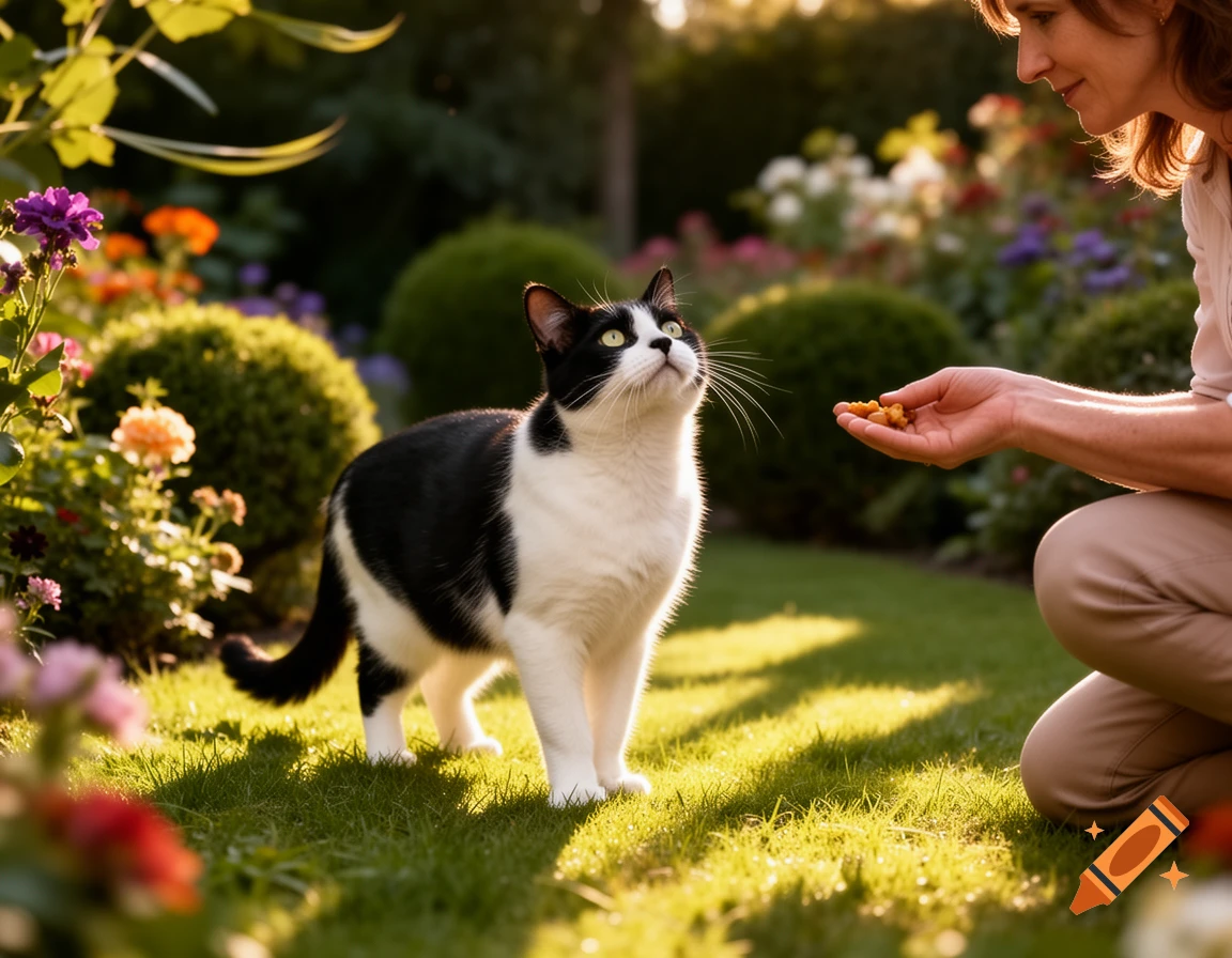 A photorealistic image of a black and white cat looking up at a woman offering treats in a sunlit garden.