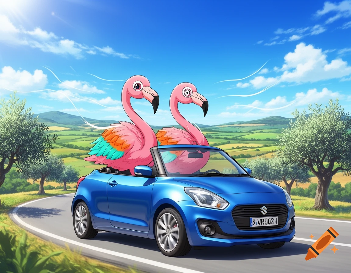 Two colorful flamingos drive a blue Suzuki convertible on a winding country road with green hills, in a bright manga style.
