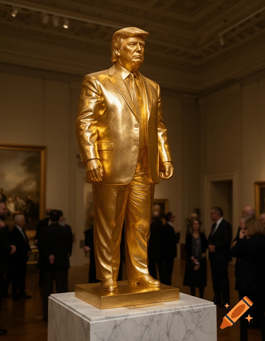 A large, photorealistic golden statue of Donald Trump stands on a marble pedestal in a dimly lit museum, with blurred visitors in the background.
