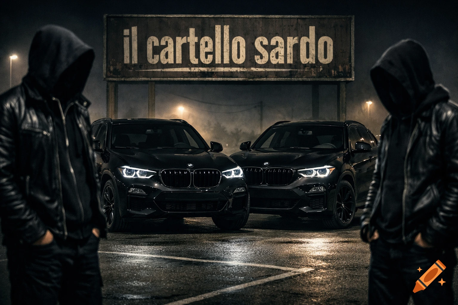 Two hooded figures stand in a dark, wet parking lot next to black BMW SUVs, beneath a sign reading 'il cartello sardo'.