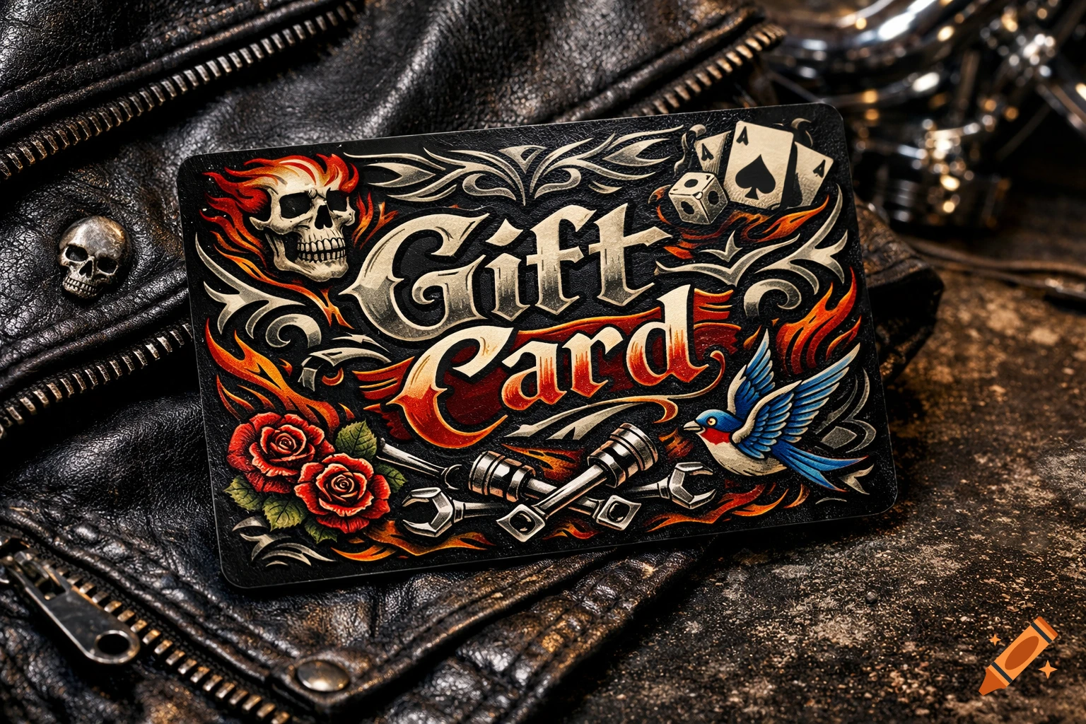 A heavily stylized gift card with a biker tattoo aesthetic, featuring a flaming skull, roses, playing cards, and a bird, resting on a leather jacket.