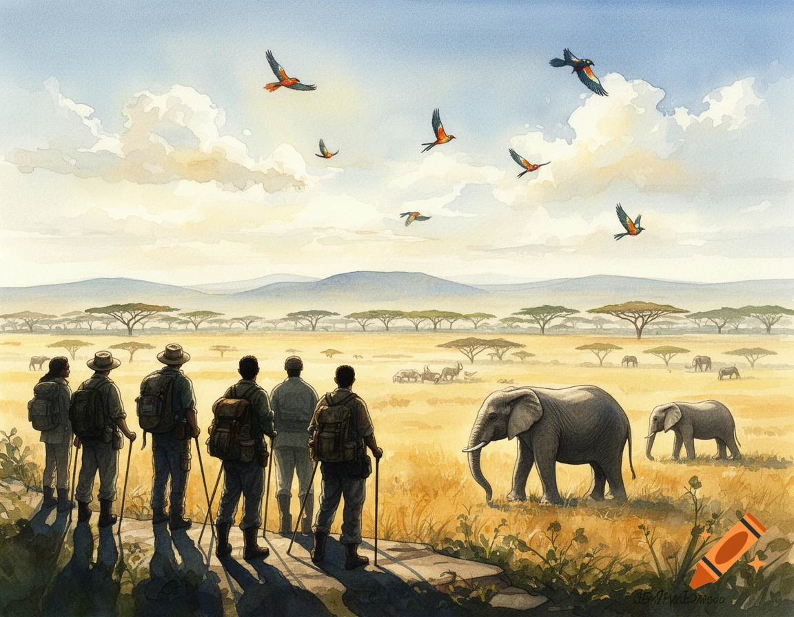 Watercolor painting of people on a safari watching elephants and colorful birds in a sunny African savanna.