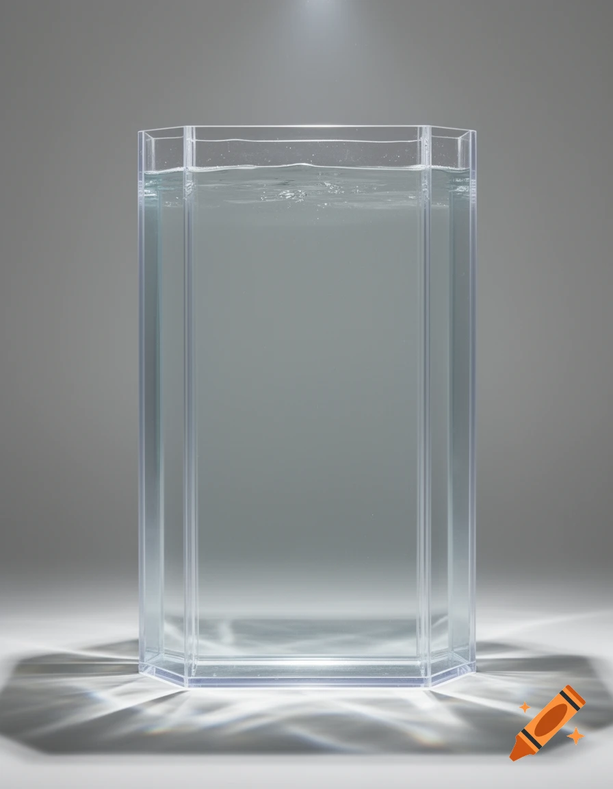 A transparent, polygonal water tank is nearly full of clear water, casting intricate light patterns on a grey surface.