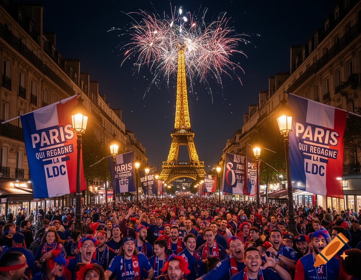 A large crowd celebrates under fireworks exploding over the Eiffel Tower at night, holding banners that read 'PARIS QUI REGAGNE LA LDC'.