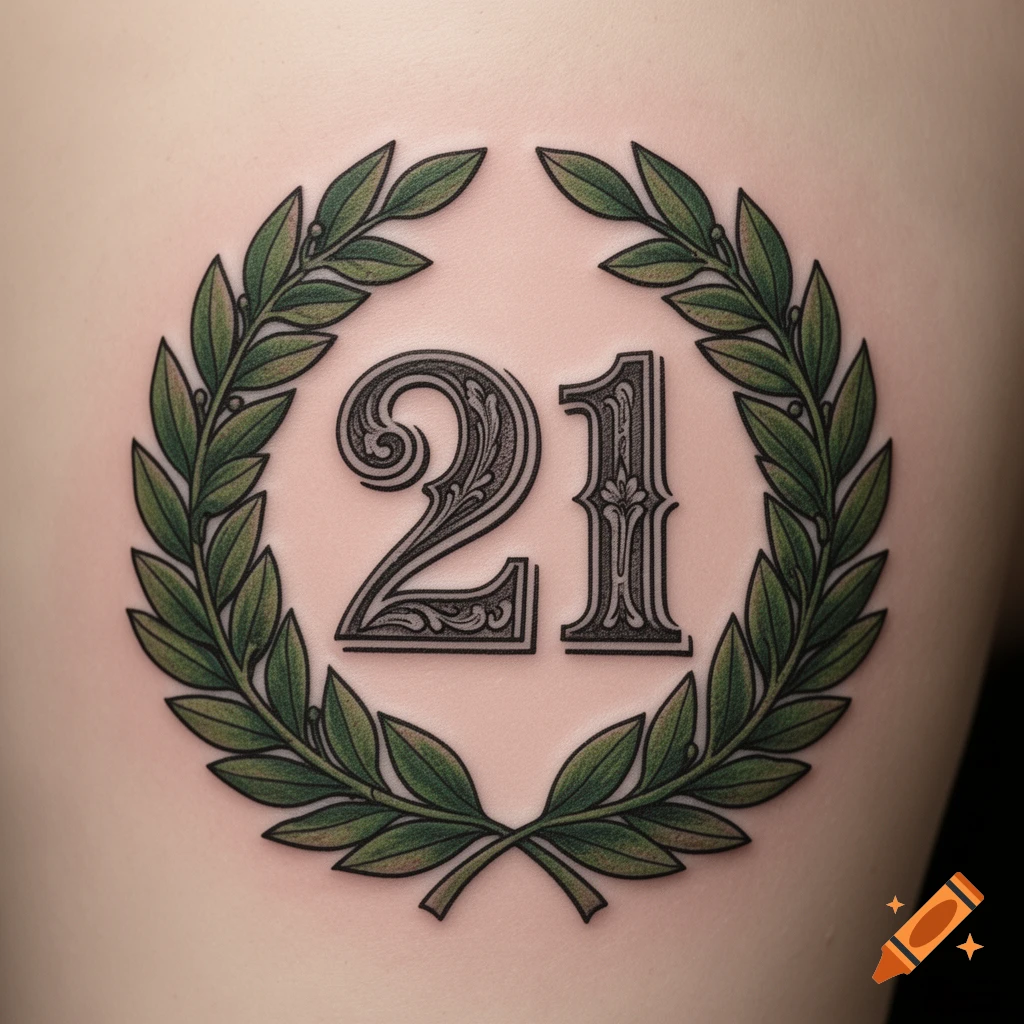 A classic style tattoo of the number 21 encircled by a green laurel wreath on light skin.