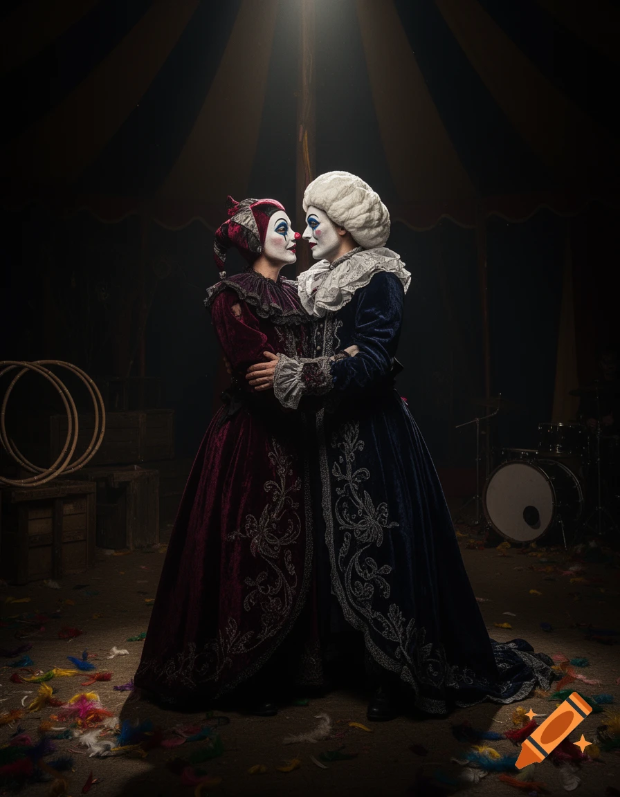 Two clowns, Harlequin in red and Pierrot in blue, hug tenderly under a spotlight in a dark circus tent with colorful feathers.