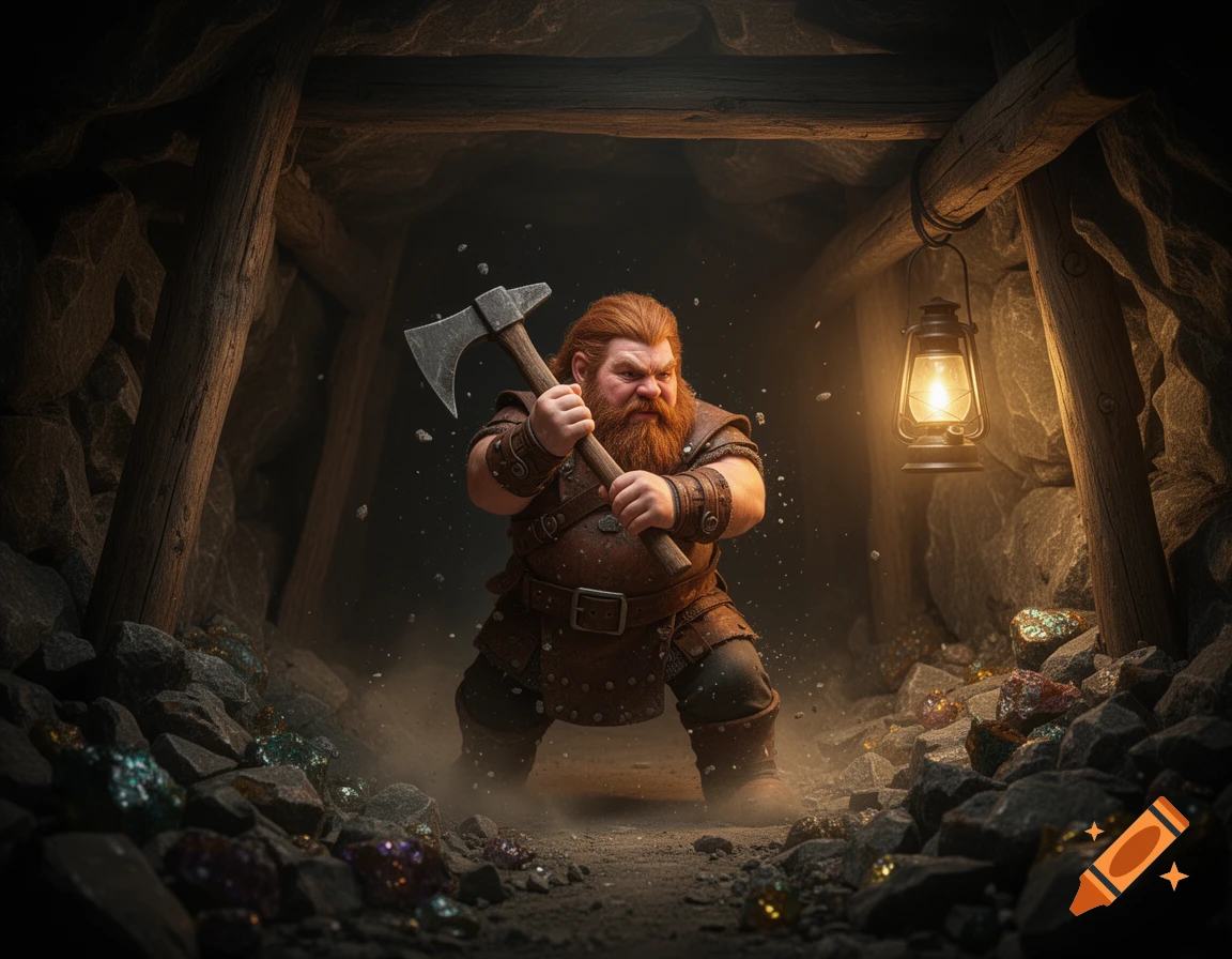 A determined, red-bearded dwarf swings an axe in a dimly lit fantasy mine, surrounded by sparkling minerals.
