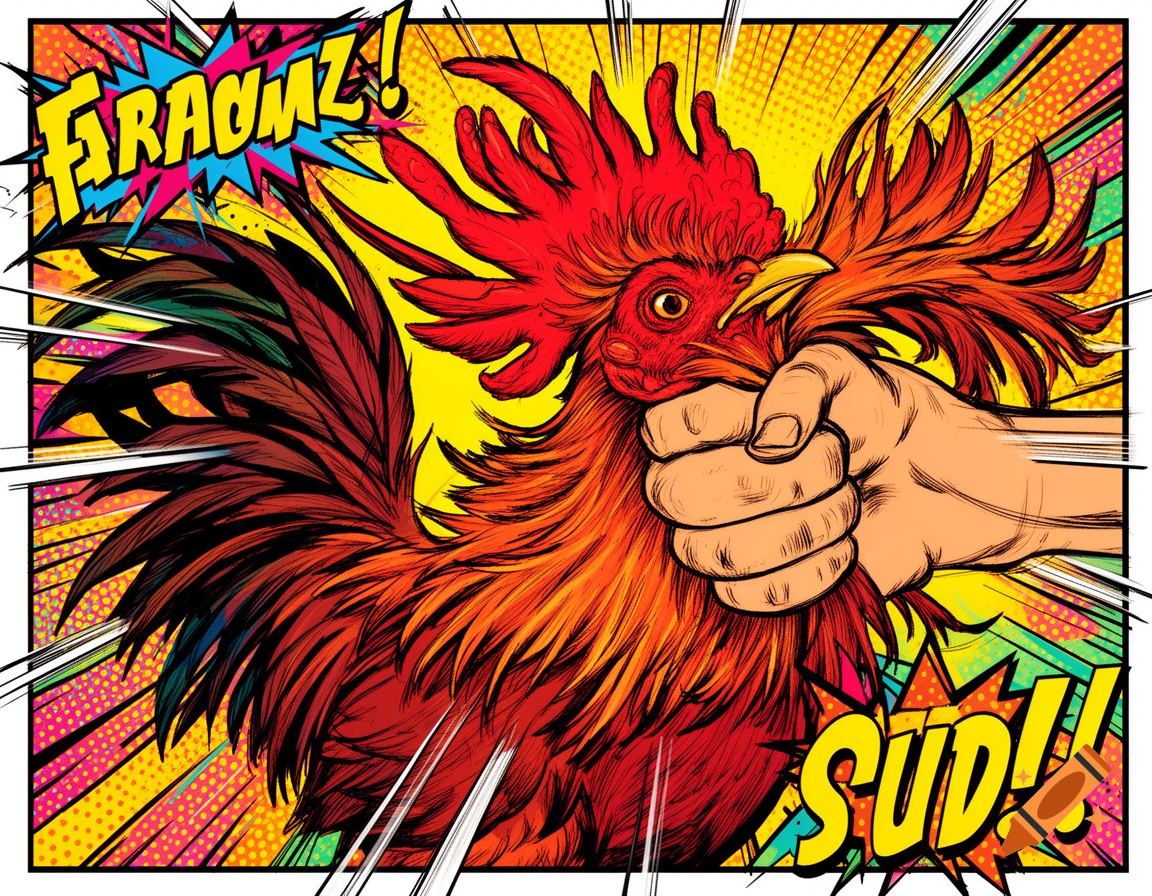 A vibrant comic style illustration depicting a hand choking a red rooster, surrounded by energetic speed lines and sound effects like "FARAOMZ!" and "SUD!!".