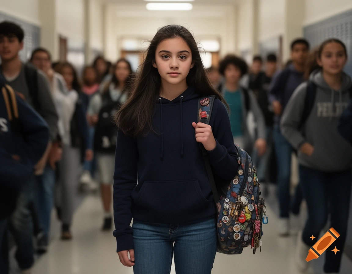 A young girl with a backpack covered in pins stands in the center of a bustling school hallway, looking directly at the viewer.