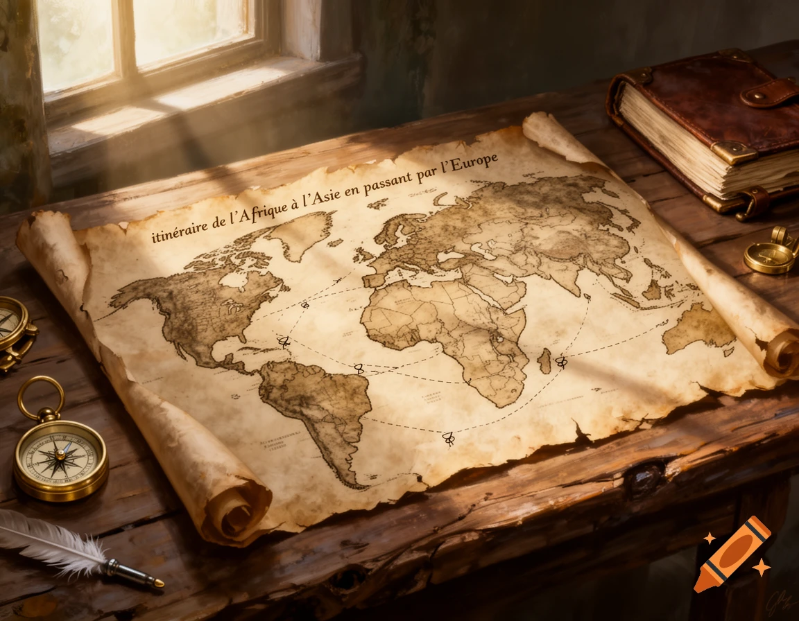 An old, unfurled world map on a rustic wooden table, with compasses, a quill, and a book nearby. Sunlight streams in from a window.