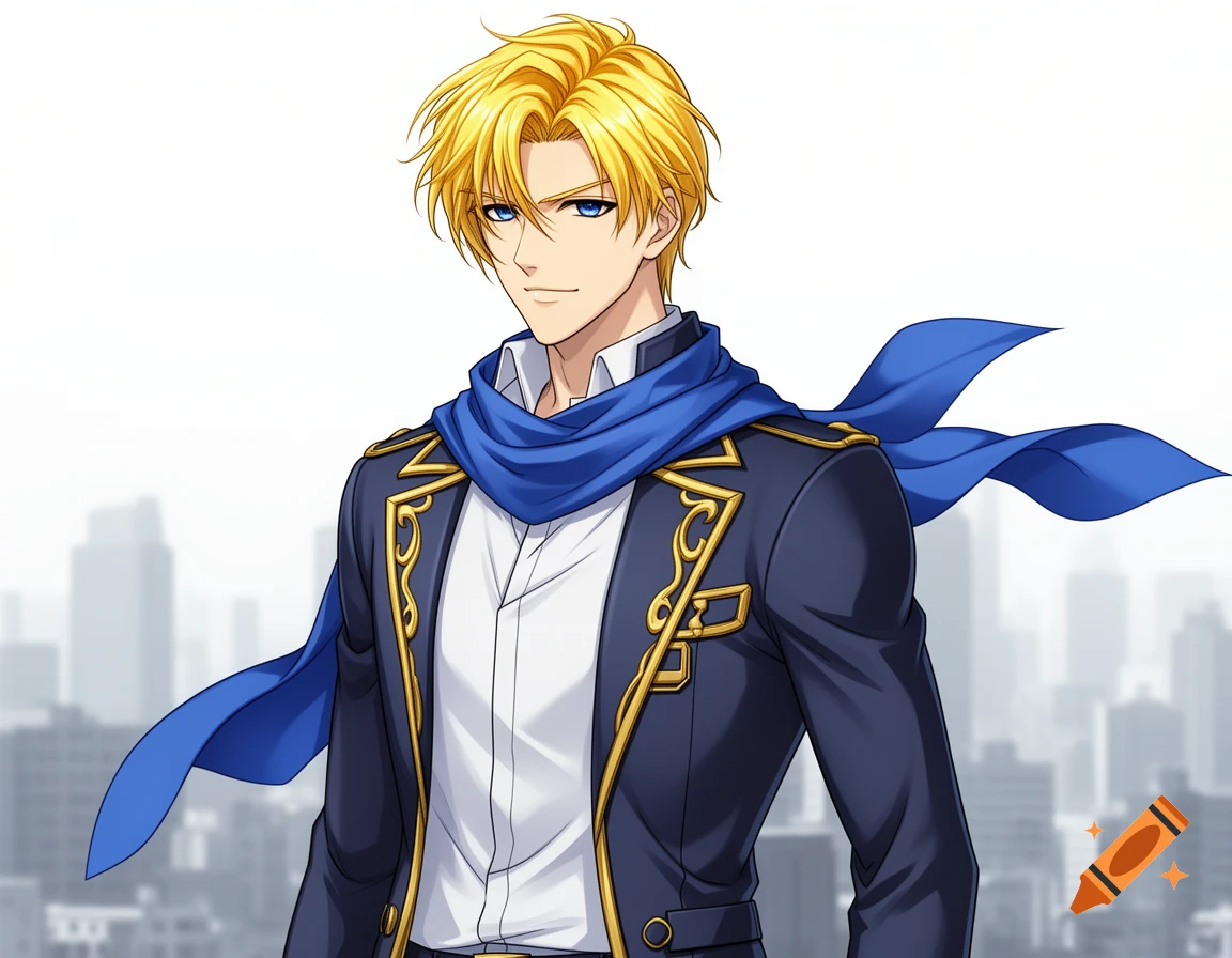 Anime-style blonde man with blue eyes, wearing a dark blue uniform jacket with gold trim and a blue scarf, against a blurred city background.