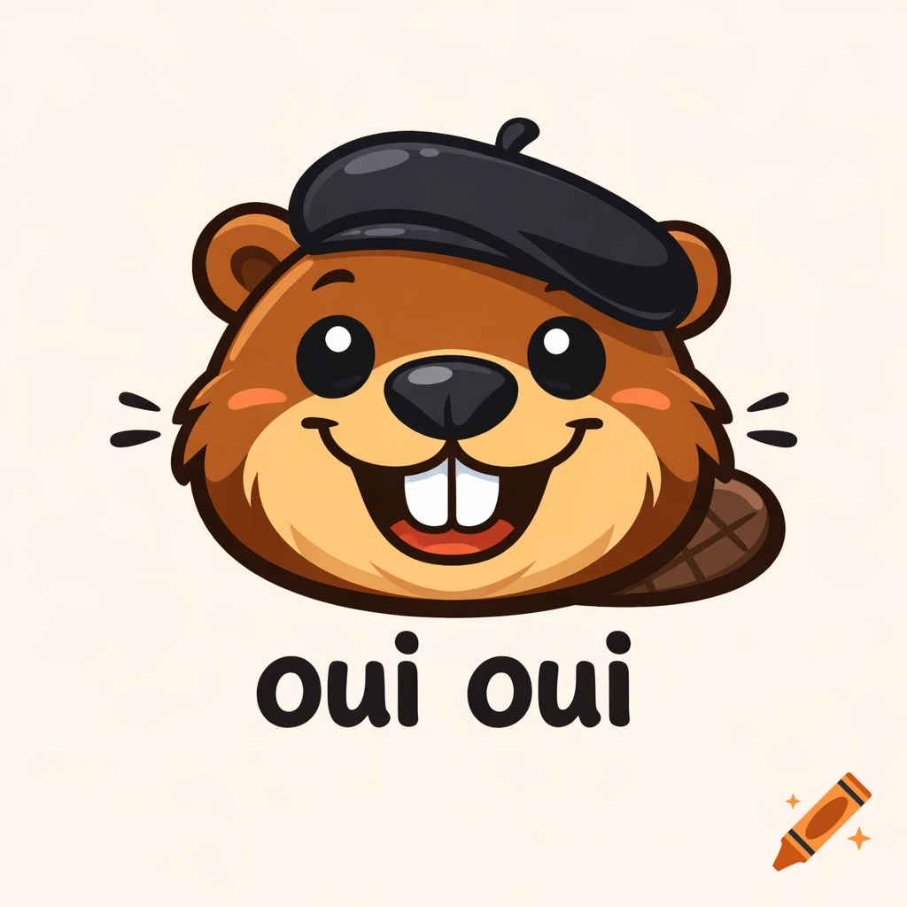 A smiling cartoon beaver head wearing a black beret, with buck teeth, above the words "oui oui".