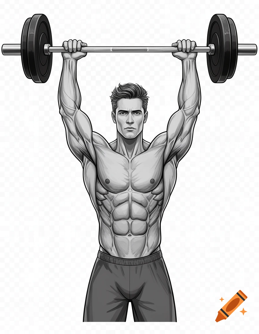 A muscular man in an illustration style, performing a shoulder press with a barbell overhead, against a transparent background. The image is grayscale.