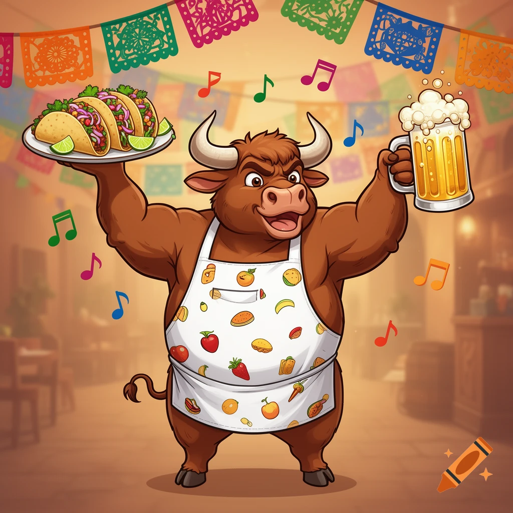 Cartoon bull in apron holds a plate of tacos and a frothy beer mug under festive papel picado.