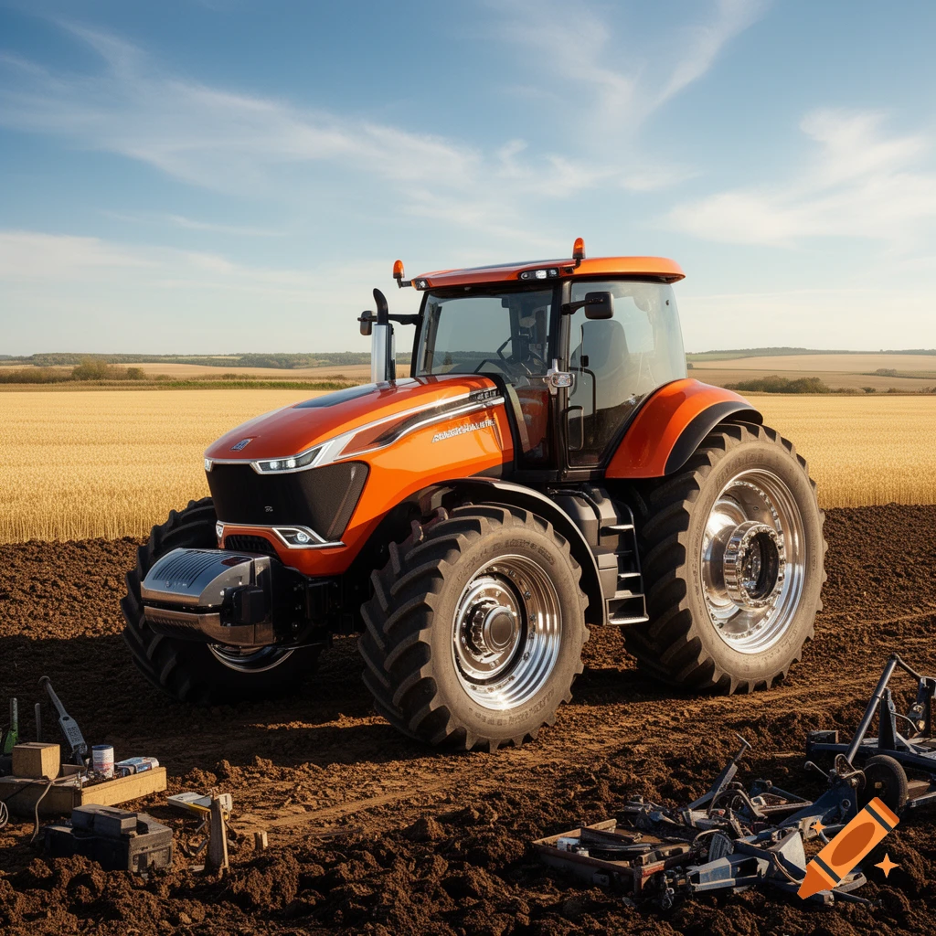 A modern orange and black Allis Chalmers concept tractor parked on a plowed field next to a golden wheat field under a blue sky.