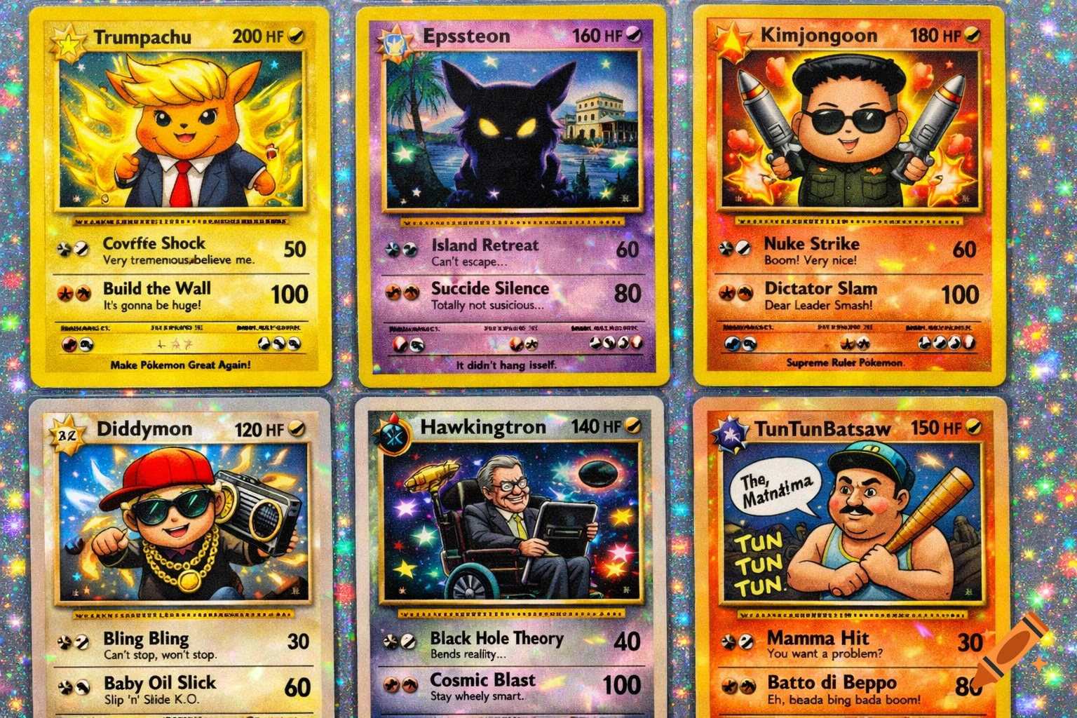 Six colorful, holographic parody Pokémon cards featuring caricatures of Donald Trump as Trumpachu, a shadowy figure as Epsteon, Kim Jong Un as Kimjongoon, P. Diddy as Diddymon, Stephen Hawking as Hawkingtron, and a meme character as TunTunBatsaw.