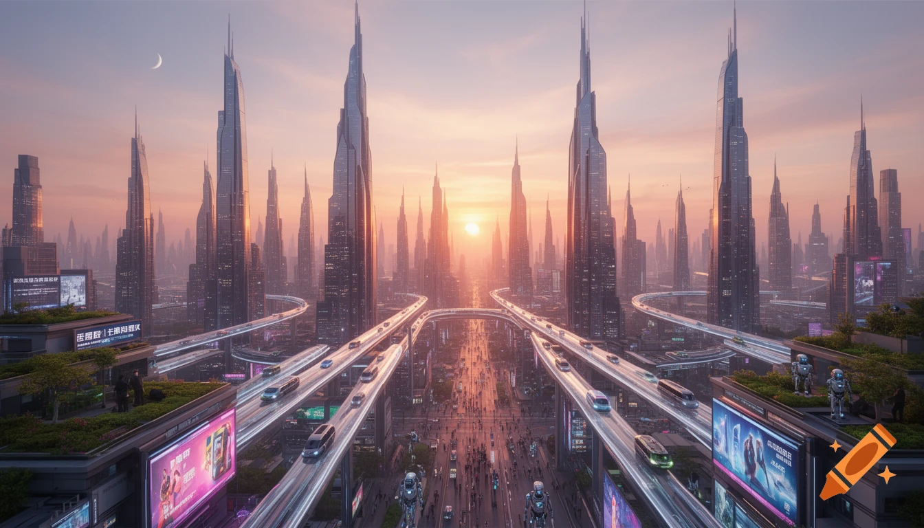 A sprawling futuristic cityscape at sunrise, with towering skyscrapers ...