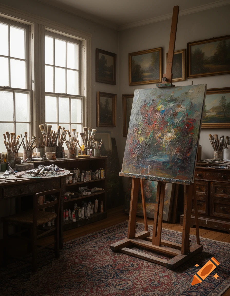 Photorealistic image of a sunlit artist's studio with an easel holding a vibrant abstract painting, surrounded by brushes, paints, and framed landscape art.