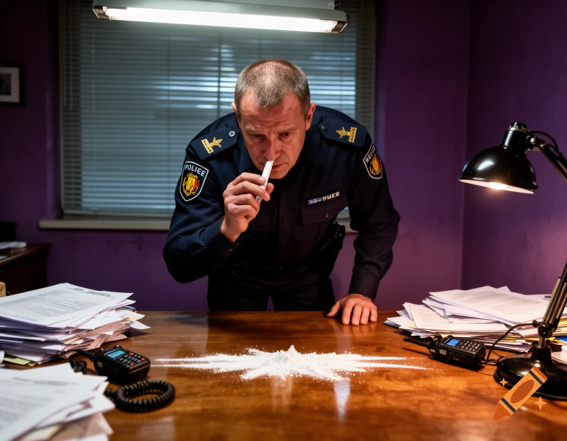 A bald Belgian police officer in uniform snorts a line of cocaine from his desk under a bright lamp in an office.