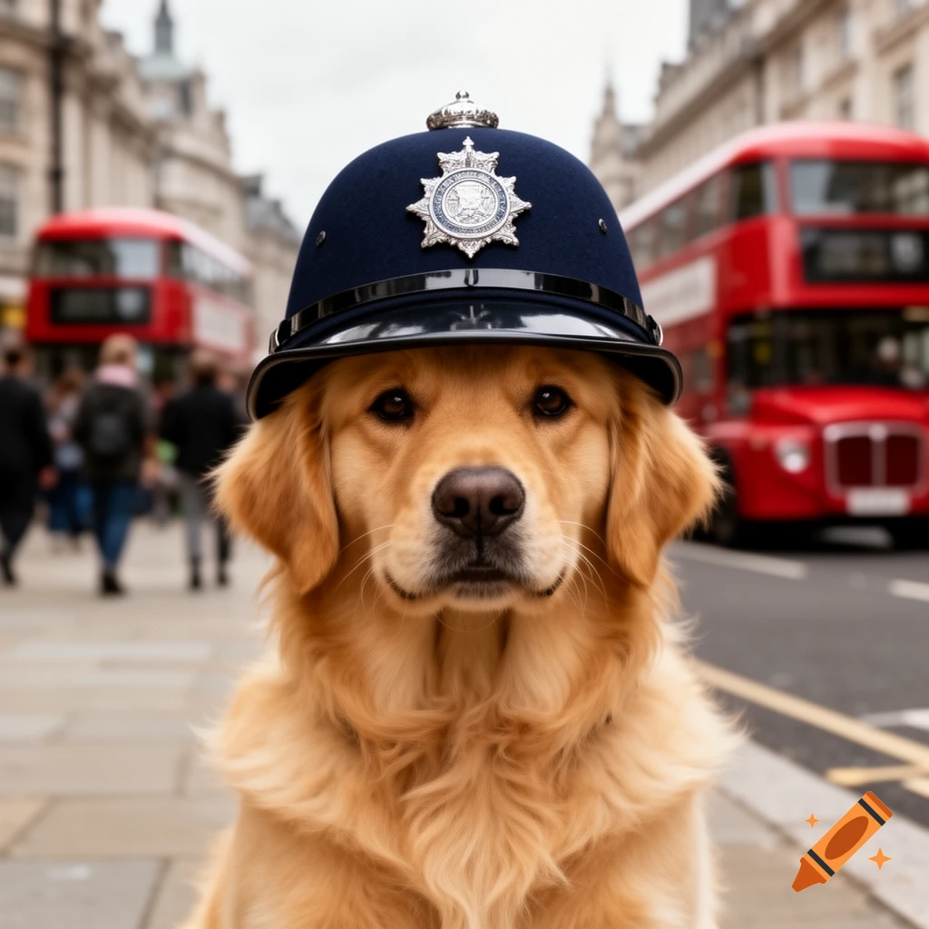 A photorealistic golden retriever dog wears a dark blue London police helmet, looking at the viewer on a busy street with red double-decker buses.