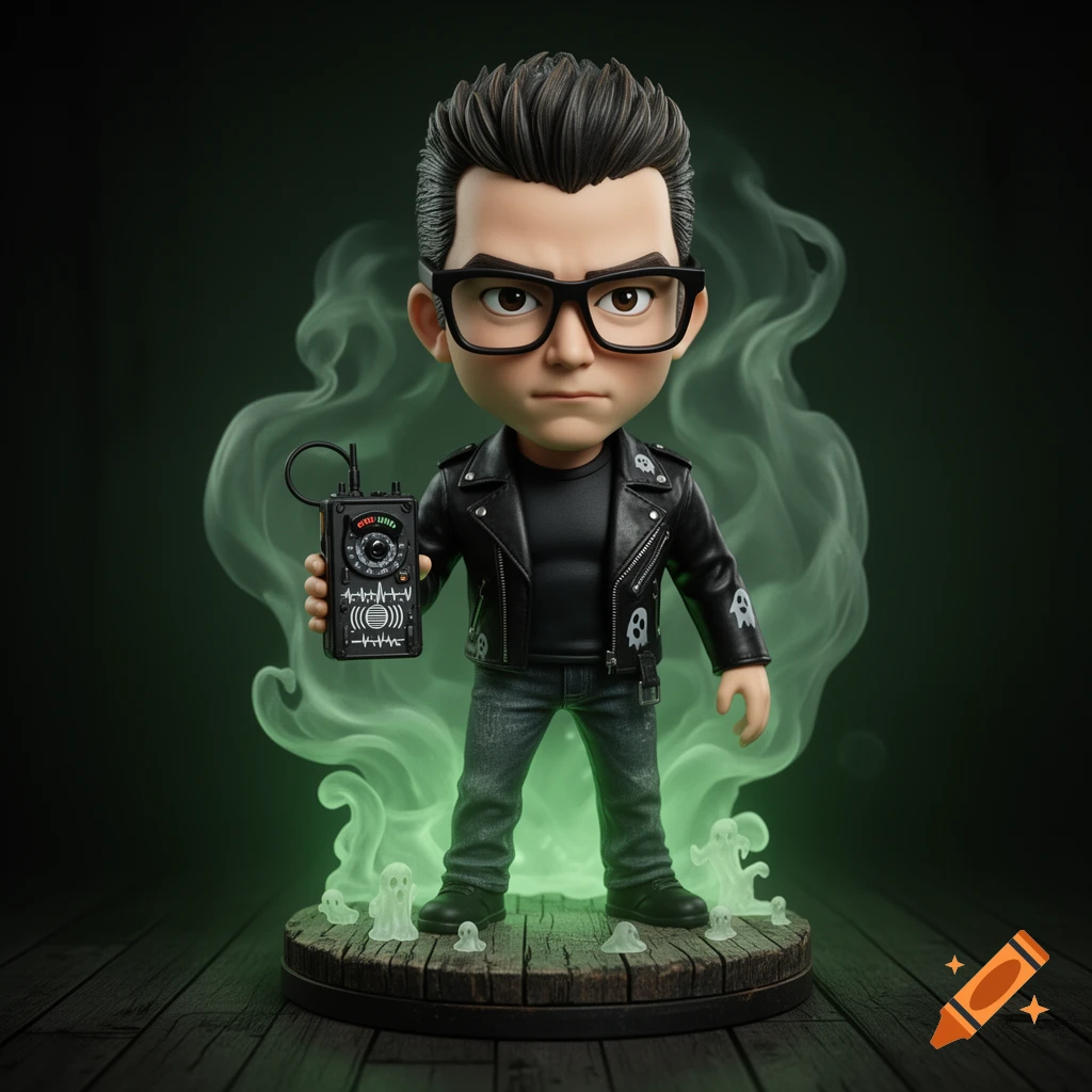 A 3D art toy figurine of Zak Bagans, wearing a black leather jacket with skull details, holding a ghost-hunting device, standing on a wooden base with small translucent ghosts and green smoke.