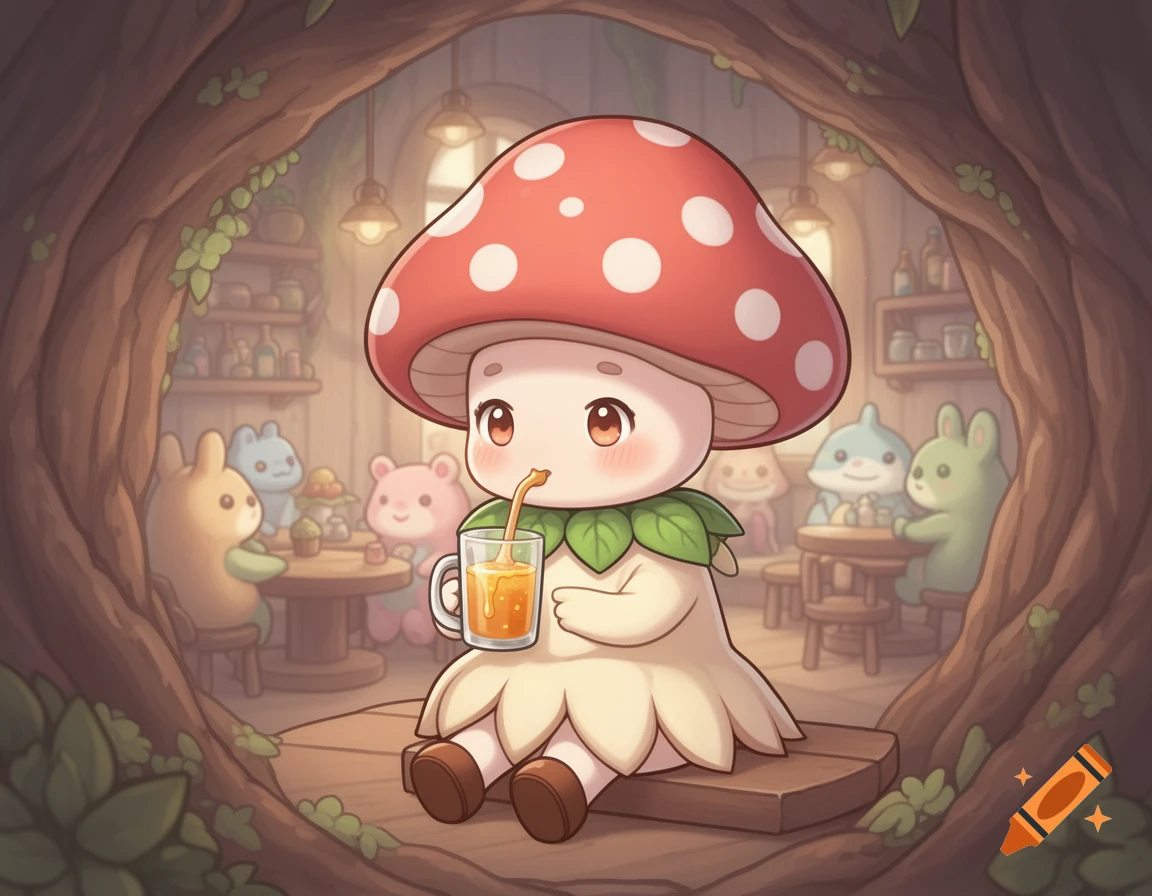 Chibi-style illustration of a cute mushroom character drinking a beverage in a whimsical tree tavern with other creatures.