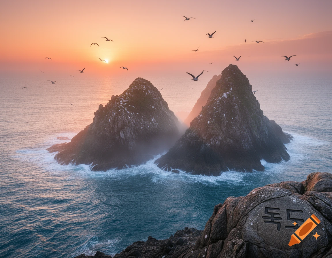 Photorealistic seascape at sunset with two rocky islands in the ocean, birds flying, and crashing waves. Korean text '독도' carved into a foreground rock.