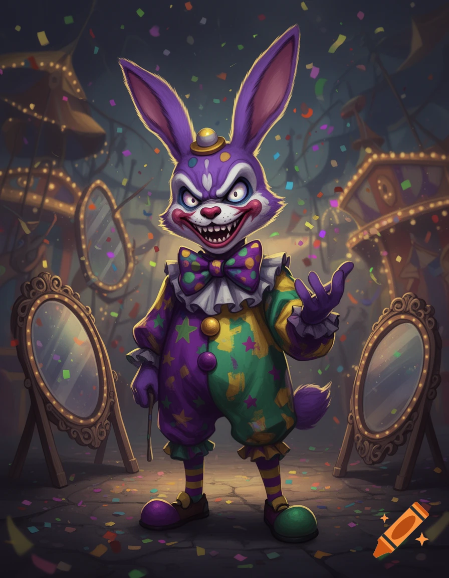 A menacing purple bunny clown with sharp teeth stands in a dark carnival setting with funhouse mirrors and confetti.