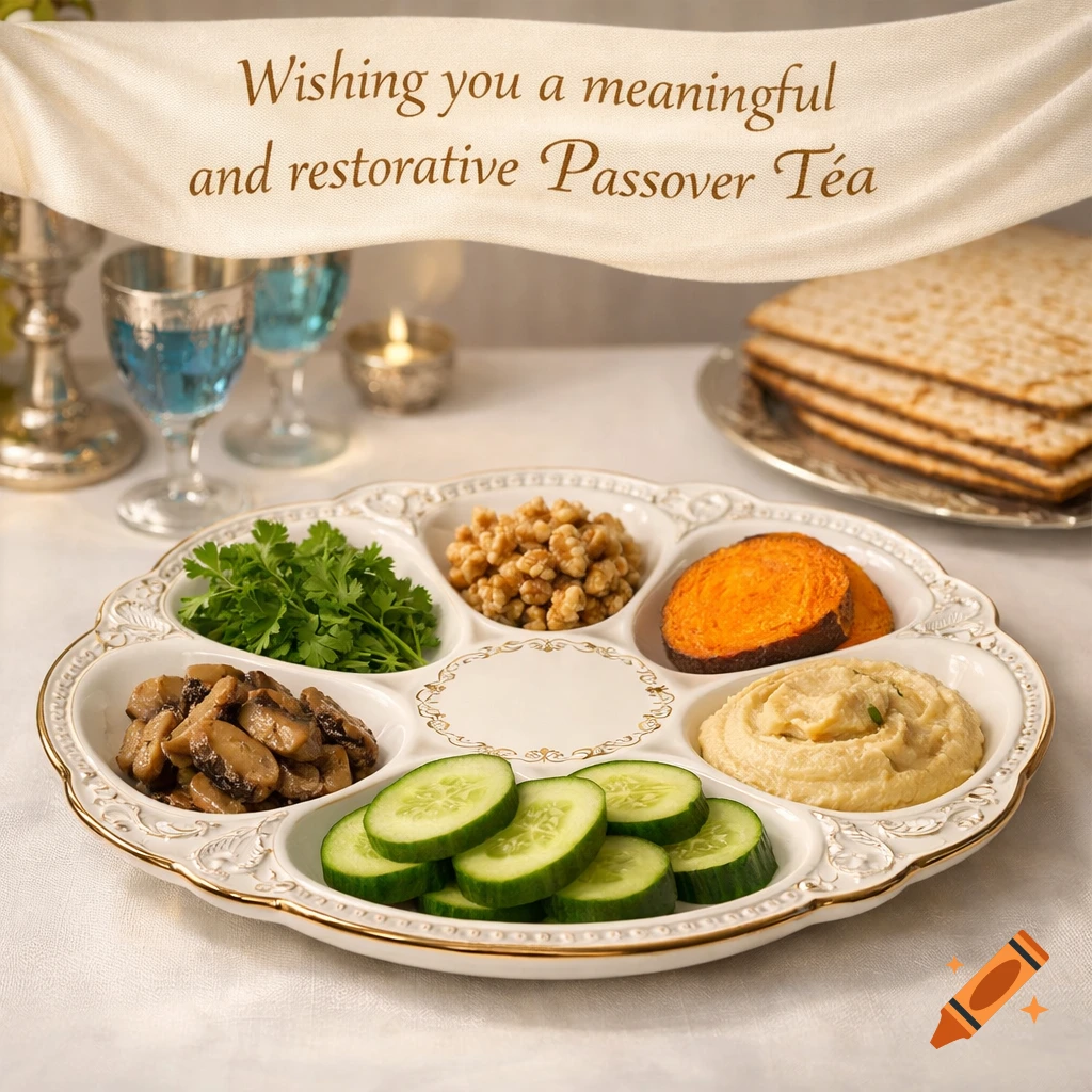 A photorealistic Passover Seder plate with vegan foods, matzah, and a banner overhead.