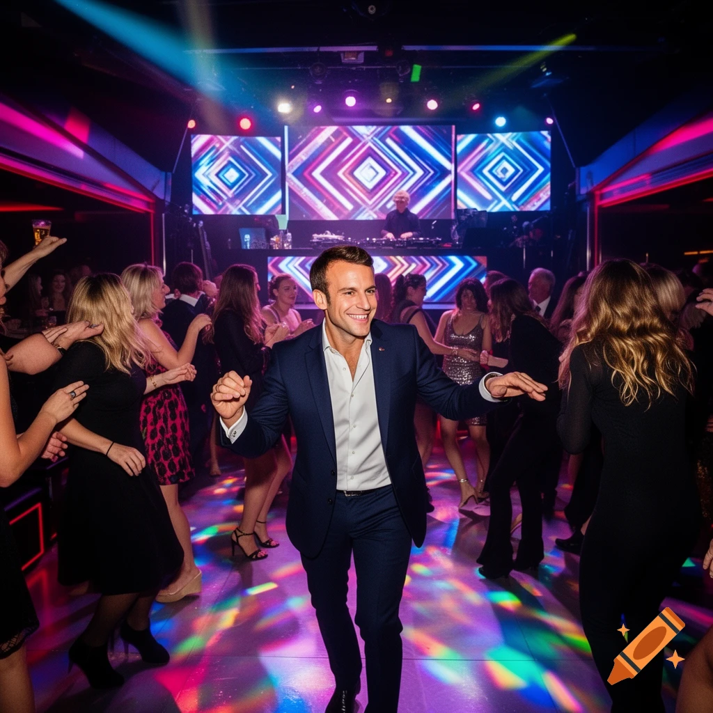 Emmanuel Macron smiling and dancing in a crowded nightclub with colorful lights and a DJ in the background.