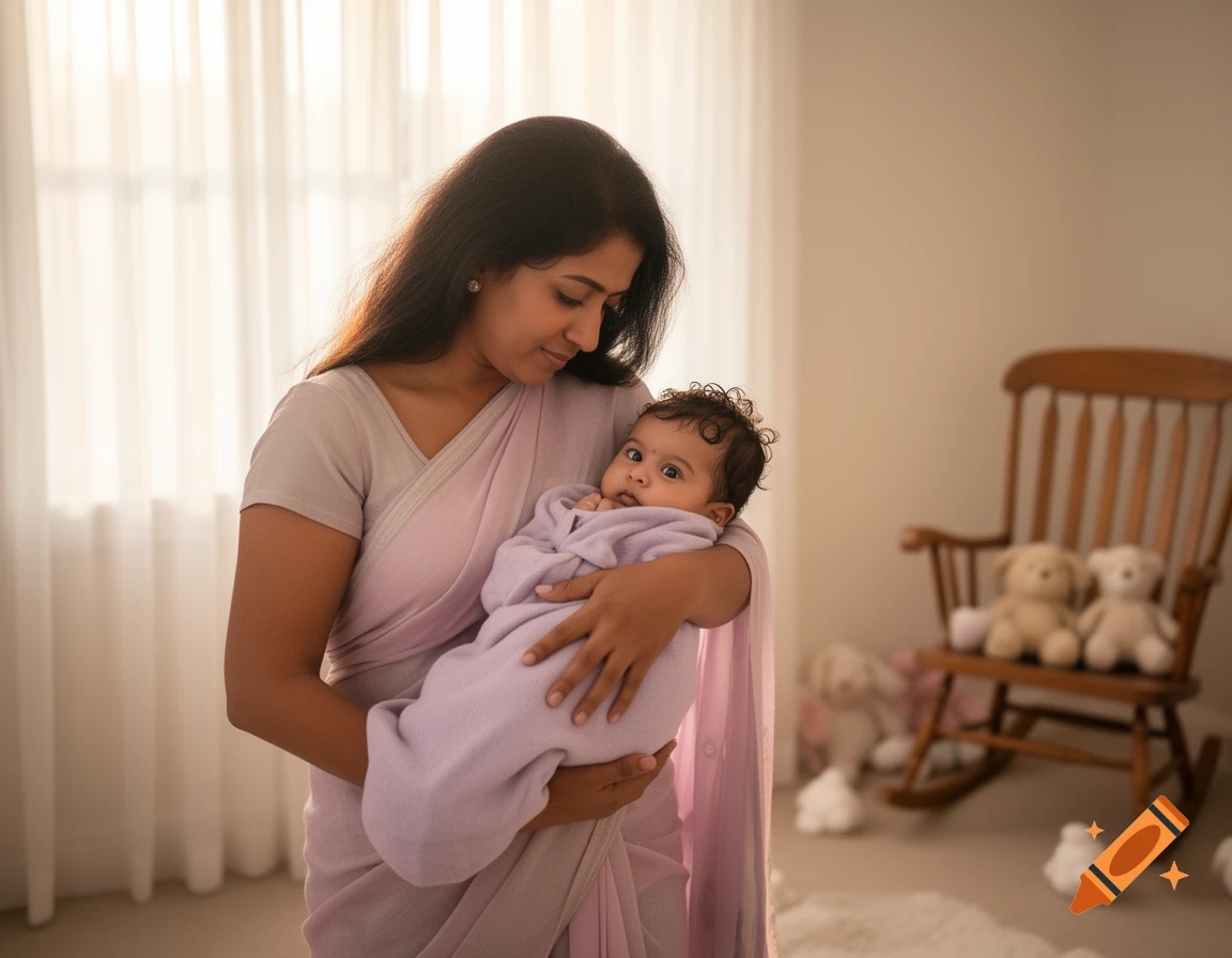 A loving mother in a sari gently cradles her baby in a brightly lit room with a rocking chair.