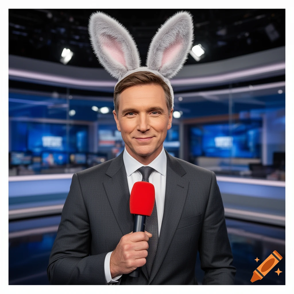 A smiling male news anchor wearing bunny ears holds a red microphone in a news studio. Photorealistic style.
