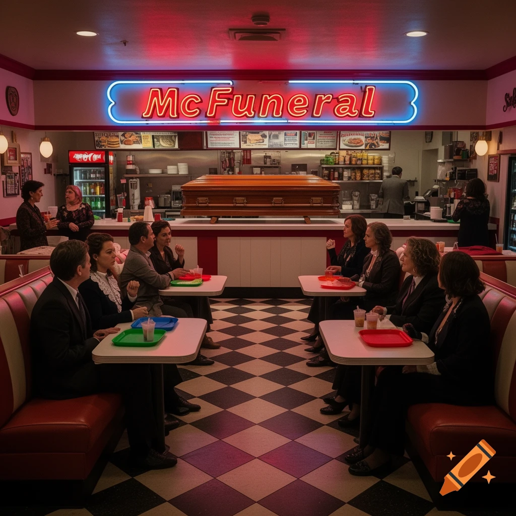 A surreal photorealistic image of a coffin on the counter of a 'McFuneral' diner, with people seated at tables.