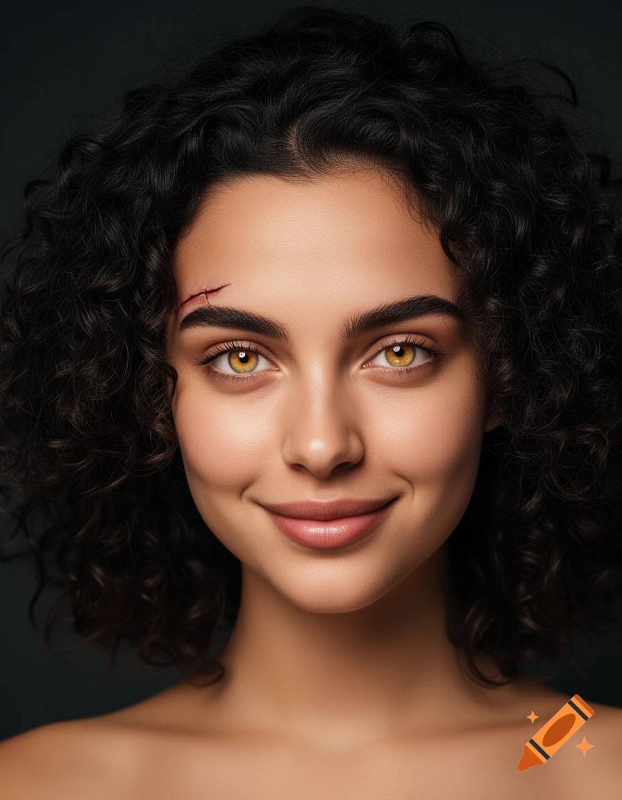 Close-up photorealistic portrait of a young woman with dark curly hair, amber-gold eyes, a faint scar above her left eyebrow, and a slight smile against a dark background.