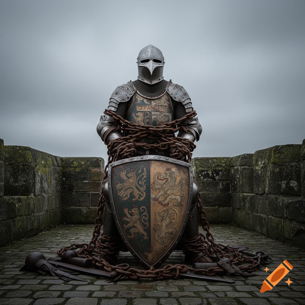 A knight in full armor, bound by rusty chains, sits on stone battlements under a grey sky, a crest shield in front.
