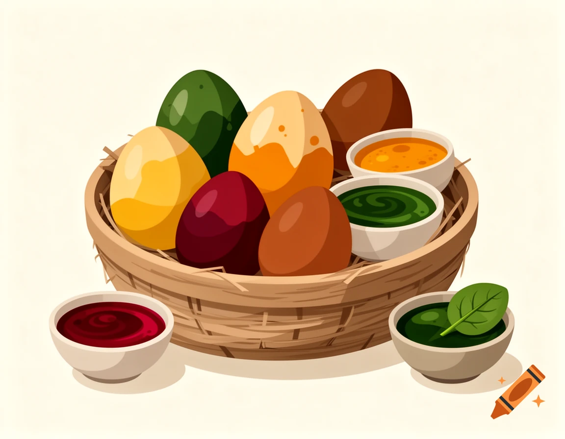 A wicker basket filled with colorful Easter eggs, surrounded by small bowls of natural dyes and a green leaf, in an illustrative style.